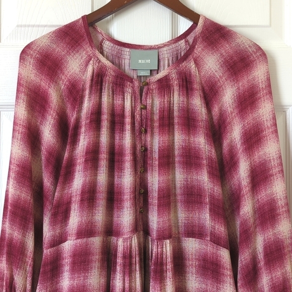 Maeve Calavan Plaid Oversized Three Quarter Sleeve Button Up Peplum Blouse Pink - Picture 2 of 15